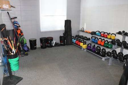 Fitness storage showing kettle ball weights. dumb bells, weighted balls
