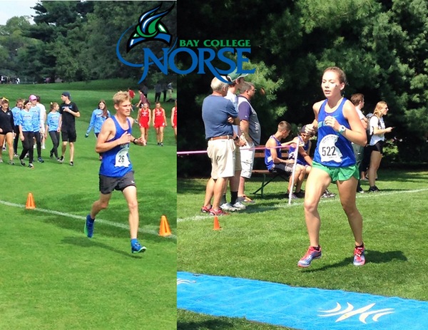 split picture, James Young in a race on the left, Zoie Berg crossing the finish line on the right, Bay Norse Logo on top